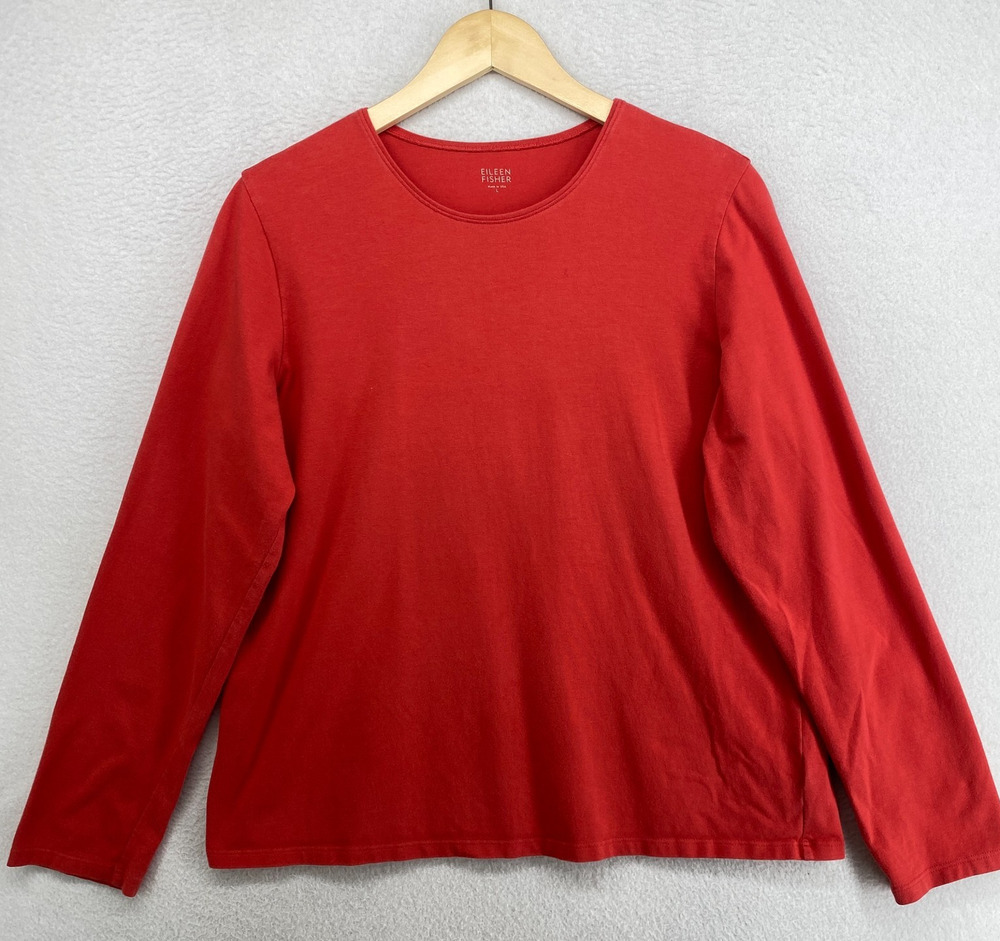 EILEEN FISHER Top L Stretch Organic Cotton Jersey Crewneck Long Sleeve Red USA
